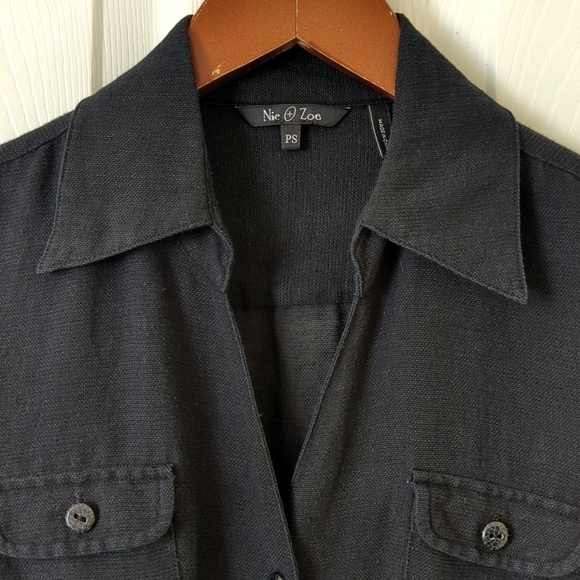 Nic + Zoe Silk & Linen Blend Quarter Sleeve Button Down Tie Front Top Black SP - Picture 2 of 11